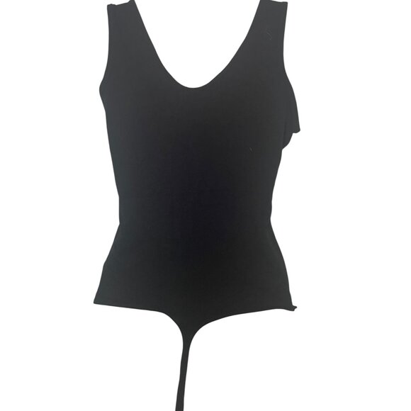 Rachel Roy Black Bodysuit Small | Pima Cotton Blend Thong Back Scoop Neck - Picture 4 of 6